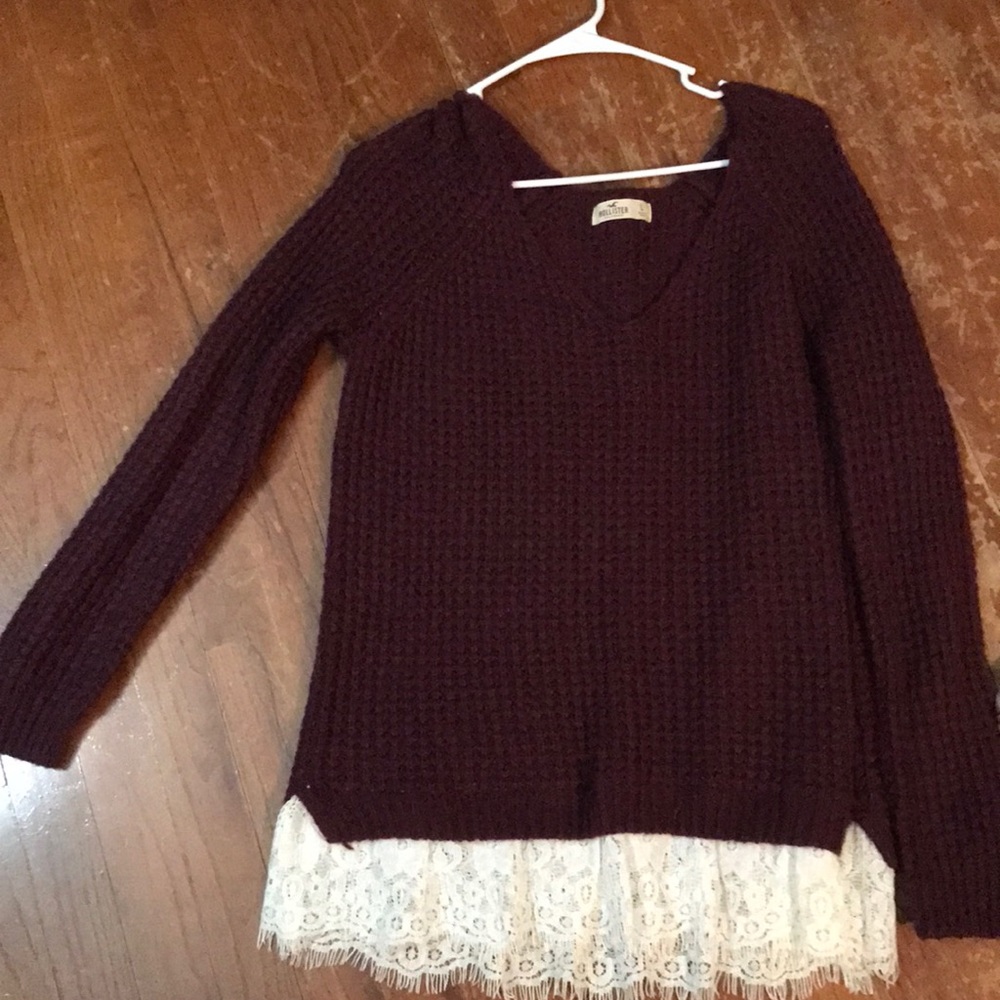 Hollister red sweater, lace trimmed bottom